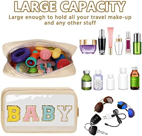 Iqimott Clear Patch Makeup Bag Baby Pouch, Preppy Personalized Chenille Letter - Image 4