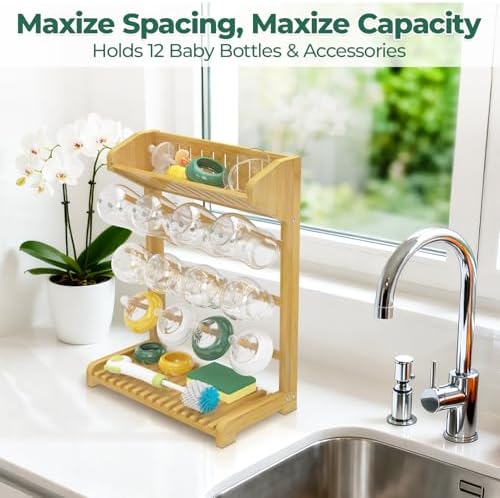 EsLuker.ly Baby Bottle Drying Rack Bamboo Vertical Dryer Holder - Image 2
