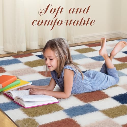 Super Soft Rug for Bedroom, 5x7 Ft Rainbow Area Rug Classic Checkered Shaggy - Image 3