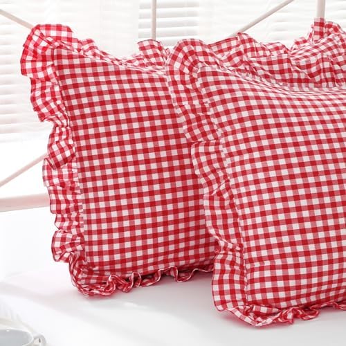 2 Pack Red White Gingham Euro Shams Pillow Covers 26''x26'' - Image 2