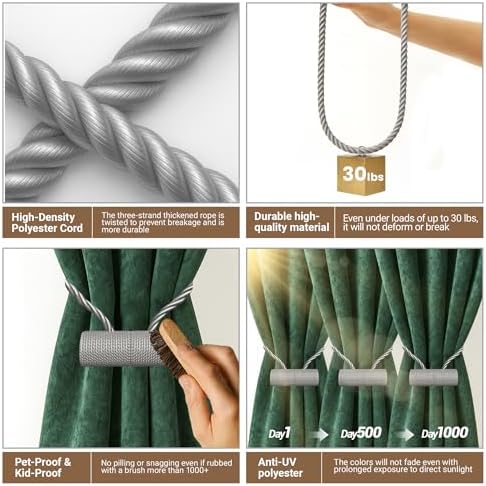 Hion Magnetic Curtain Tiebacks Grey 4pcs, Curtain Holdbacks Hooks Holders - Image 3