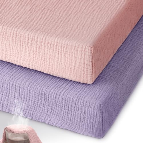 Unnivoll Muslin Pack and Play Sheets Fitted, 100% Cotton Mini Crib Sheets 2 Pack by Unnivoll