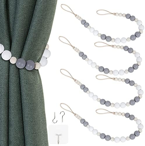 4 Pieces of Wood Bead Curtain Tieback Boho Curtain Holdbacks Curtain Hooks by OCIOLI