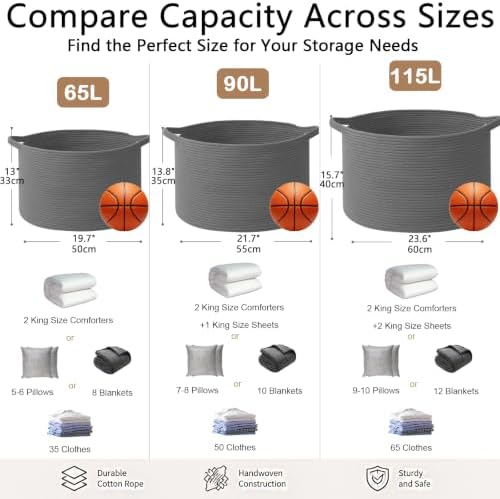65L Large Blanket Basket, Woven Rope Laundry Basket-Dark Grey - Image 2