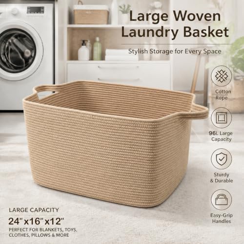 96L Woven Laundry Basket with Handles, Extra Blanket Basket - Image 5