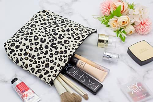 Flat Makeup Bag for Women, Zipper Cosmetic Pouch for Purse, Leopard Ivory - Image 3