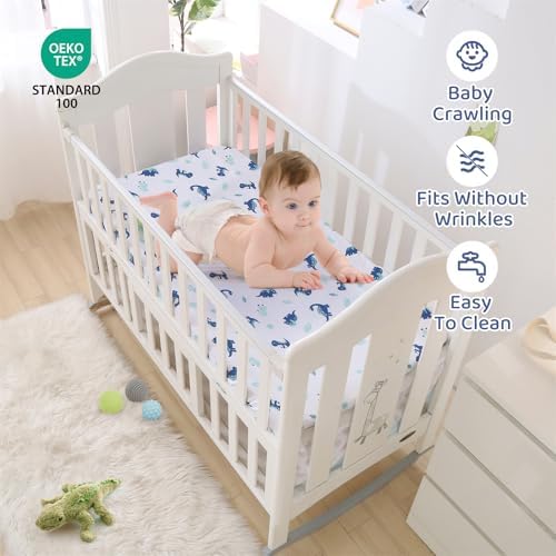 Dinosaur Mini Crib Bedding Set for Boys Blue Premium 3-Piece Baby Bedding Sheet - Image 3