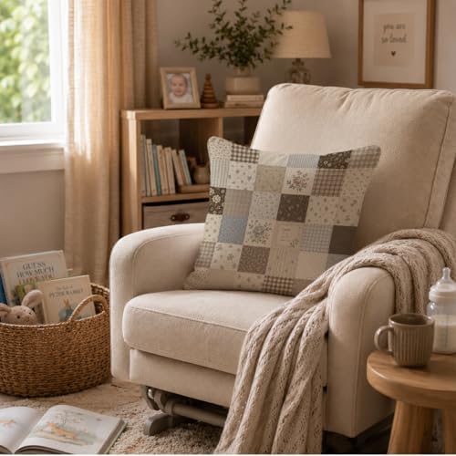 Neutral Farmhouse Floral Patchwork Throw Pillow Cover 18x18 - Image 2