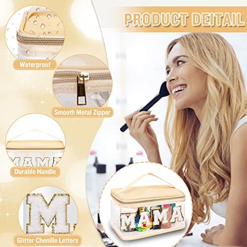 Chenille Letter Clear Makeup Bags Mama Pouch, Preppy Patch Makeup Bag Zipper - Image 3
