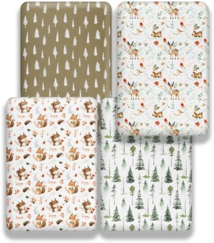4 Pack Woodland Forest Animals Wood Neutral Unisex Fitted Baby Crib Sheets Set - Image 2