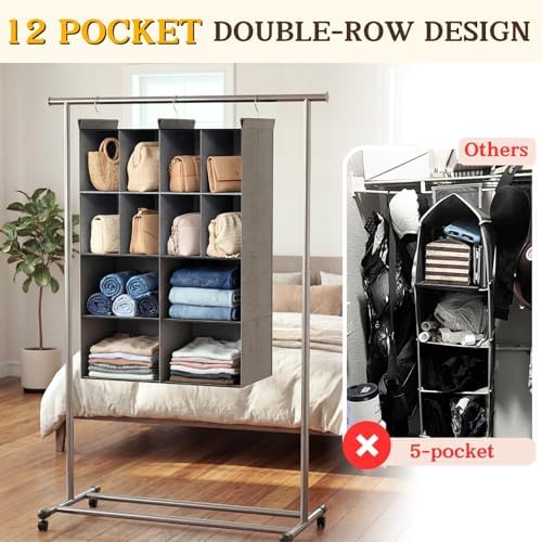 4 Tier Hanging Closet Organizer, 12 Compartments Dual Row Storage - Image 3