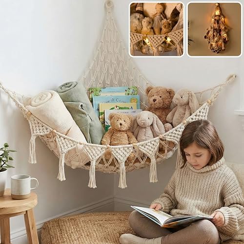 TIDYTEDS XL Stuffed Animal Hammock – Handcrafted Corner Net, 4mm Double Macrame by TIDYTEDS