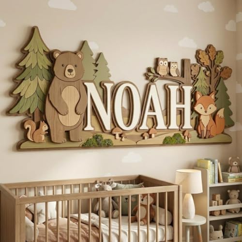 Personalized Woodland Baby Name Sign, Custom Forest Bear Fox Owl Nursery Wall by HANZSPROUT
