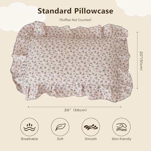 BuLuTu Purple Floral Muslin Cotton Ruffles Pillow Case Standard 20"x26" - Image 2