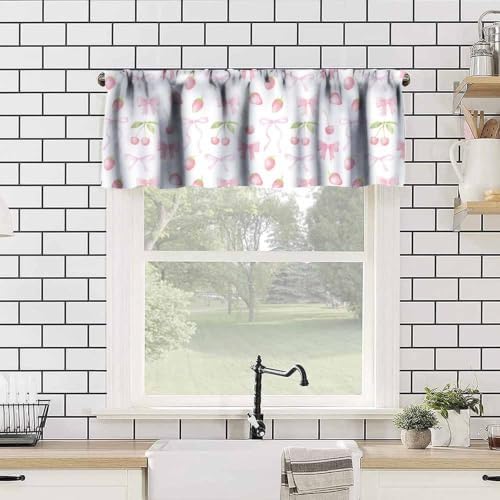 Cute Pink Bow Valance, Watercolor Aesthetic Pink Strawberries Cherries Pastel - Image 4