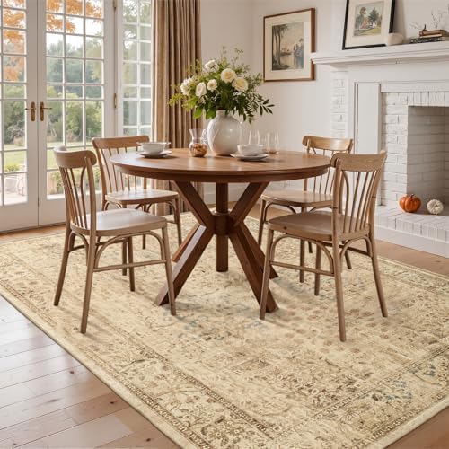 Neutral Tan Floral Area Rug 5x7, Vintage Farmhouse Carpet - Image 4