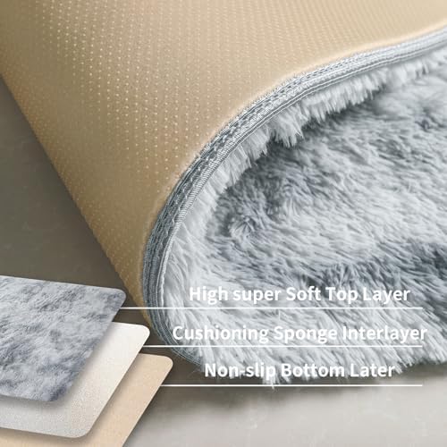Tie-Dye Light Grey Shag Runner Rug, Washable Non Slip Fluffy Carpet - Image 3