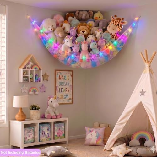 Stuffed Animals Hammock with LED Light Toy Net Room Decor Corner Storage - Image 2
