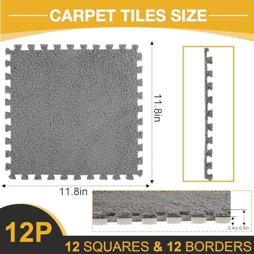 ZENOWICK 12 Pcs Plush Interlocking Carpet Tiles, Puzzle Play Mats - Image 3