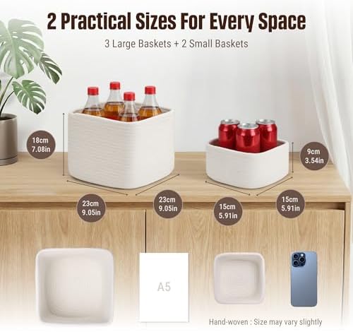5-Pack Storage Cubes Woven Rope Baskets, 2 Sizes Organizer Bins - Image 2