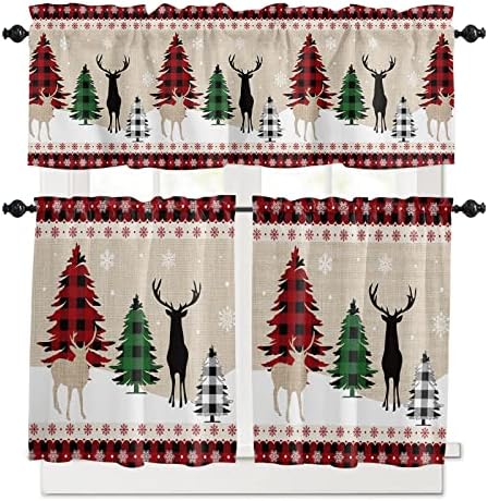 Farmhouse Christmas Kitchen Curtains and Valances Set, Rustic Plaid XMAS Tree by VandarllinHomeKitchenDecor