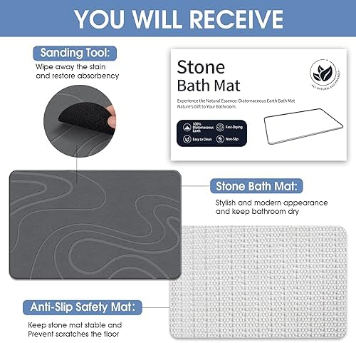 VEELOIM Stone Bath Mat, Diatomaceous Earth Bath Mat, Shower Mat Grey - Image 6