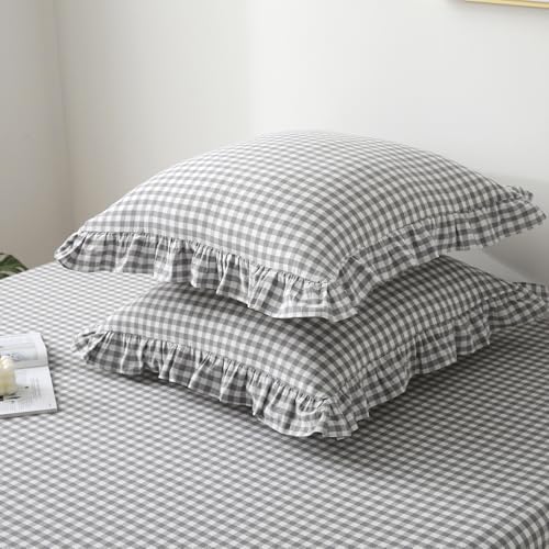 2 Pack Grey White Gingham Ruffle Throw Pillow Covers 22''x22'' - Image 3