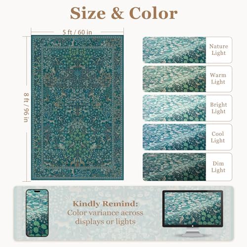 Teal Tree of Life Area Rug 5x8, Boho Farmhouse Carpet - Image 2