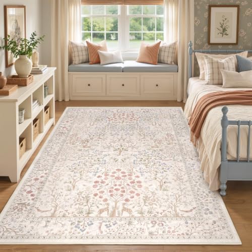 Cream Girls Room Rug 5x7, Low Pile Thin Baby Girl Nursery Rug, Floral Animals by Jainmy
