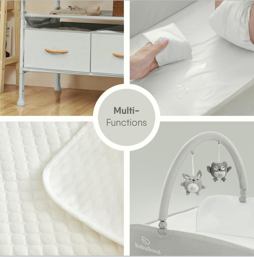 BabyBond Portable Baby Changing Table with 2 Storage Baskets, Foldable Changing Table Dresser Waterproof Diaper Changing Table Height Adjustable Changing Station for Infant and Newborn(Beige)