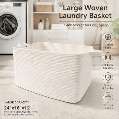 96L Woven Laundry Basket with Handles, Extra Blanket Basket - Image 5