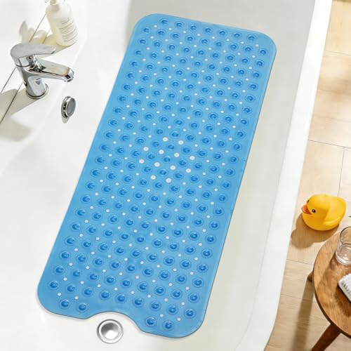 Extra Long Bathtub Mat Non Slip Bath Mat Clear Blue 40"x16" Full by NaolotureHome
