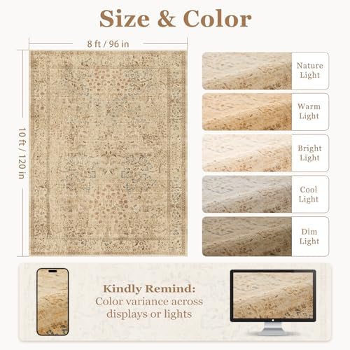 Neutral Tan Rugs for Living Room 8x10, Low Pile Thin Washable Area Rug for - Image 2