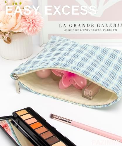 Flat Makeup Bag for Women, Zipper Cosmetic Pouch for Purse, Plaid Blue - Image 2