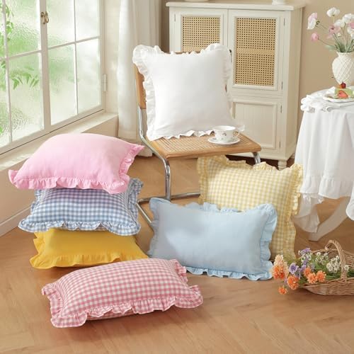 Set of 2 Yellow Ruffled Pillow Covers 18x18 Inch, Solid Color Decorative Throw - Image 5