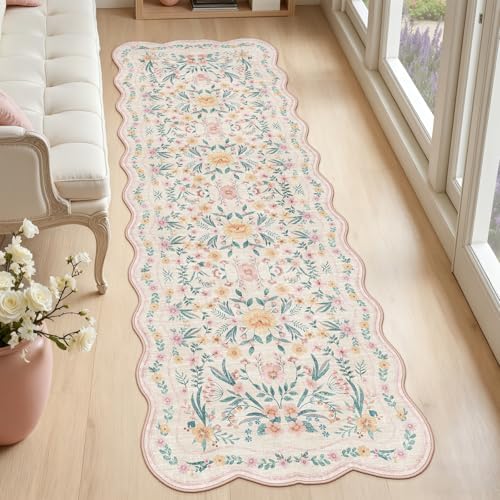 Hallway Runner Scalloped Floral Rug 2.6x8 Washable Non Slip Pink by Dadasgk