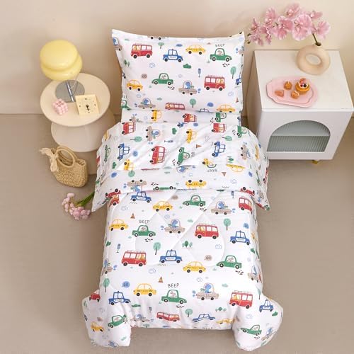 Caressma White Cars 4 Pieces Toddler Bedding Set Bed-in-a-Bag Comforter - Image 3