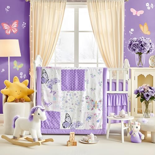 Patchwork Crib Bedding Set Butterfly Plaid Floral Design 3 Pieces Baby Girl - Image 2