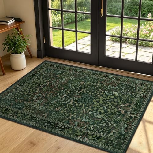 Dark Green Small Area Rugs 3x4, Whimsical Woodland Floral Animal Print Entryway by Jainmy