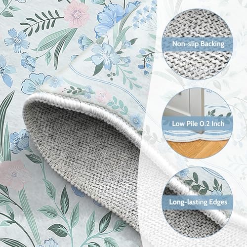 Blue Floral Rug 4x6 for Girls Bedroom or Nursery, Scalloped Washable Non-Slip - Image 6