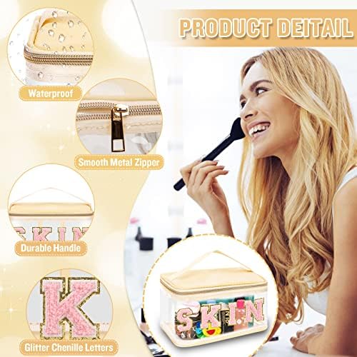 Chenille Letter Clear Makeup Bags Skin Pouch, Preppy Patch Makeup Bag Zipper - Image 3