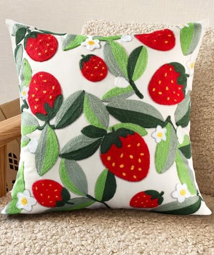 Embroidered Throw Pillow Cover, 18x18 Inch, Strawberry Leaves by Kokaaee