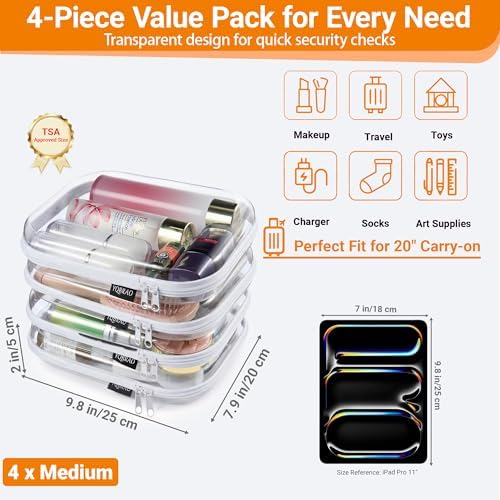 YQBRAO Clear Hard Shell Zipper Cases, 4 Medium Makeup Organizers - Image 4