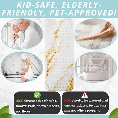 ENKOSI Non-Slip Bath Mat and Shower Mat 40x16 Long, Marble White Gold - Image 6