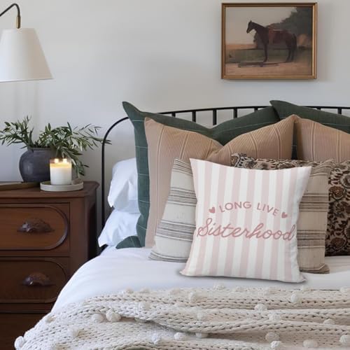 Pink Girl Nursery Decor Pillow Covers 18x18, Long Live Sisterhood Preppy Pink - Image 3