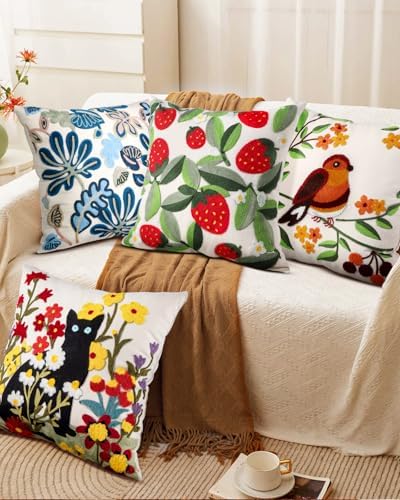Embroidered Throw Pillow Cover, 18x18 Inch, Strawberry Leaves - Image 6