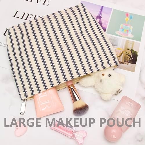 Flat Makeup Bag for Women, Zipper Cosmetic Pouch, Vintage Stripe Navy Blue - Image 5