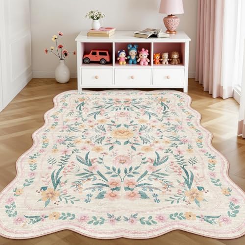Scalloped Pink Floral Rug 6x9, Washable Soft Faux Wool Area Rug - Image 6