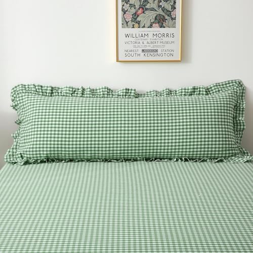 Green White Gingham Ruffle Body Pillow Cover 20"x54" by KMASANIJI