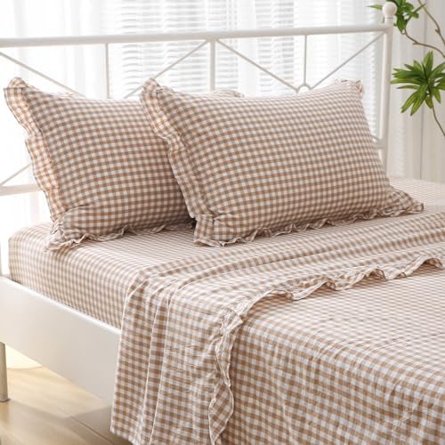 2 Pack Taupe White Gingham Ruffle Pillow Shams King Size 20"x36" - Image 2
